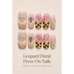 Retro Leopard Cross Charm Press‑On Nails, Nude Medium‑Long T‑Shape False Nails with 3D Pink Flower & Star AB Rhinestones